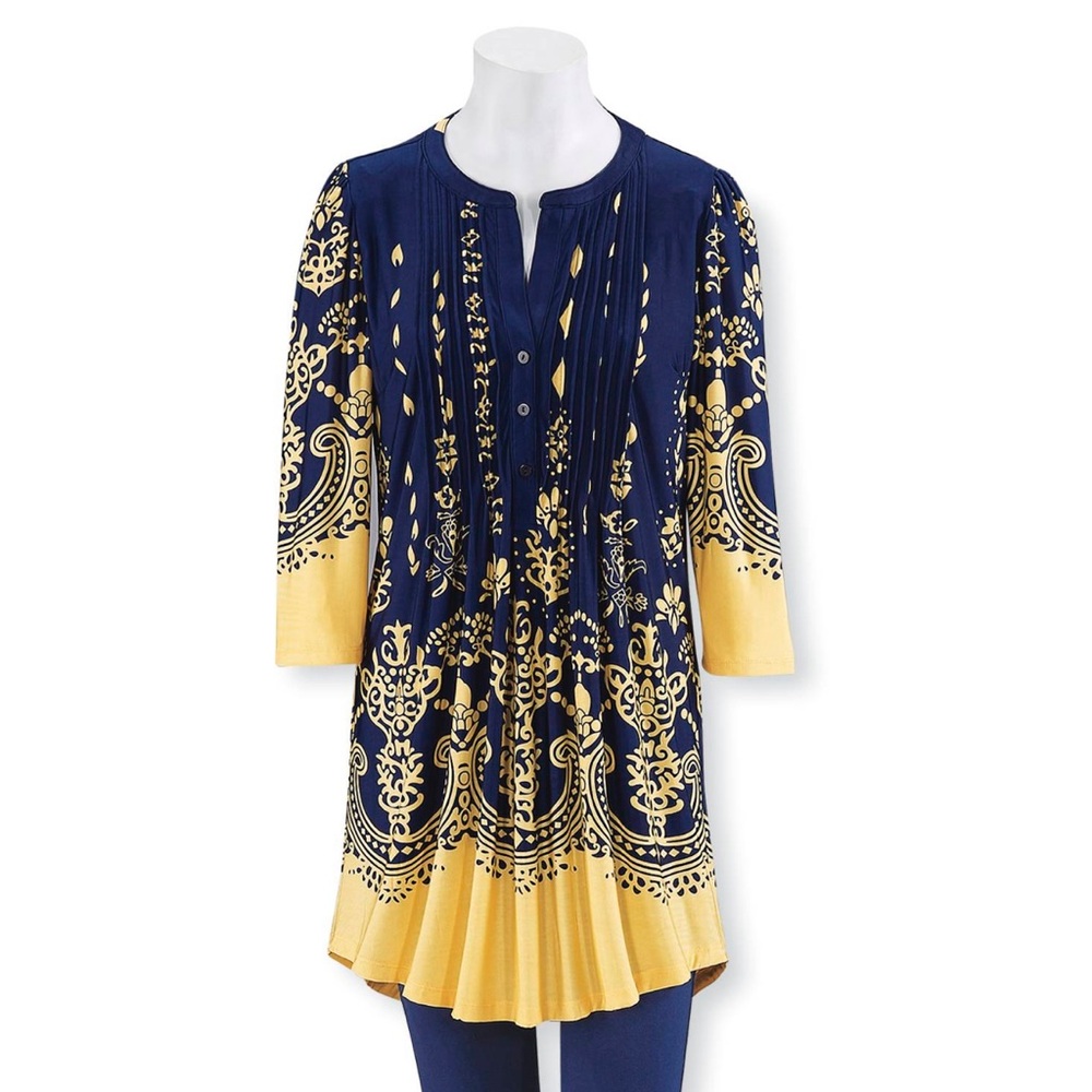 SERENGETI NAVY BLUE & YELLOW XL PINTUCK TUNIC TOP NWOT